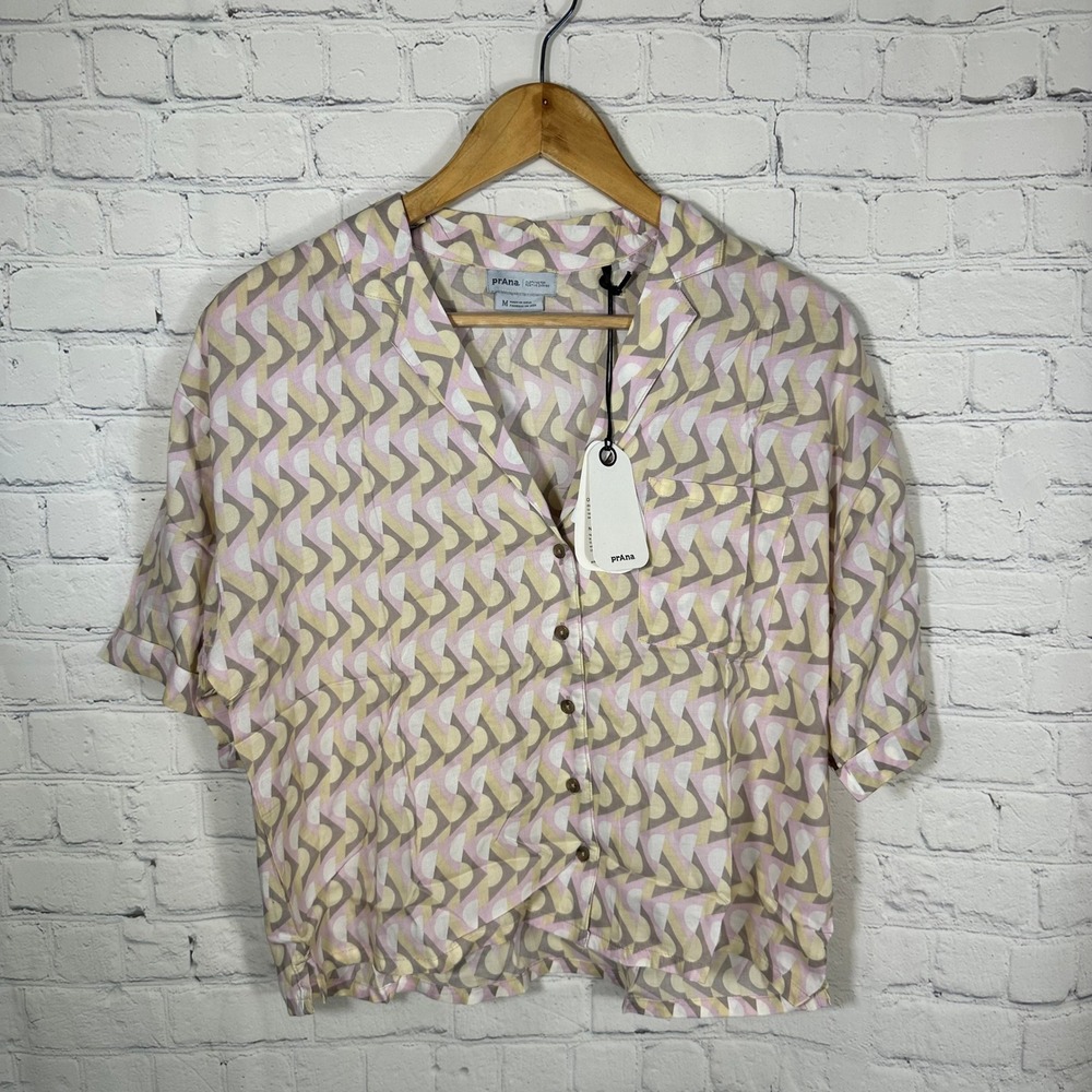 Prana Womens Geometric Abstract Print Tencel Modal Button Down Shirt Pink Tan M
